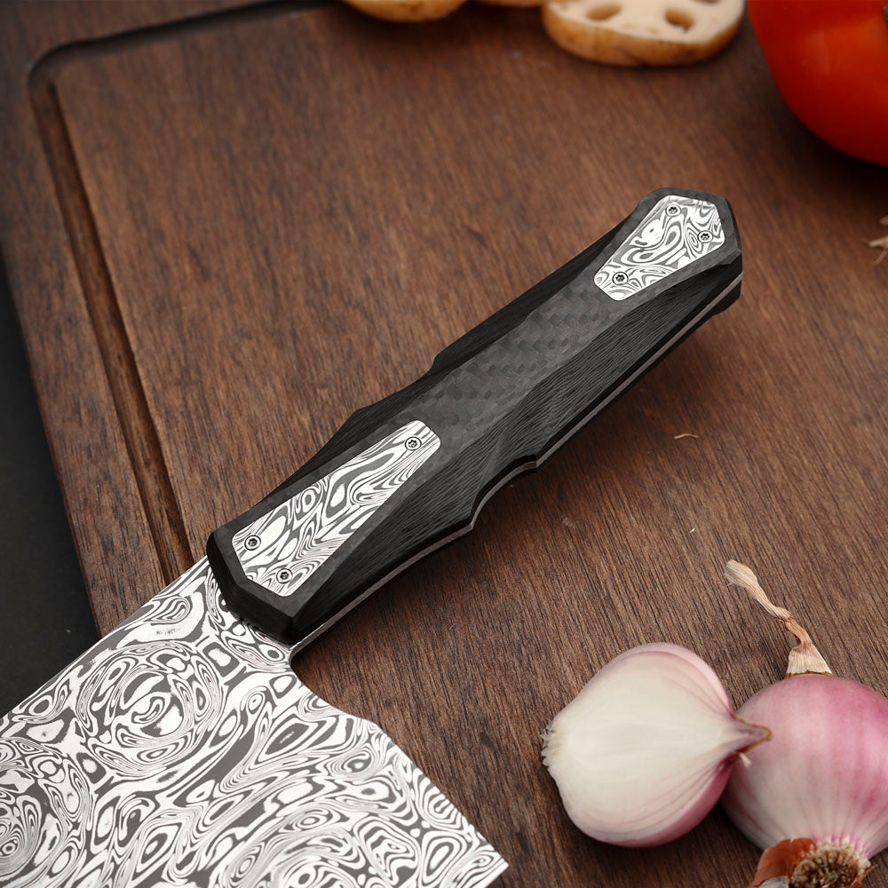 Custom Cleaver Knife, Powder Damascus Steel 188mm, Carbon Fiber