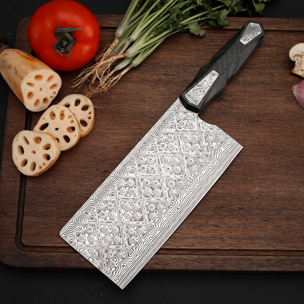 Custom Cleaver Knife, Powder Damascus Steel 188mm, Carbon Fiber