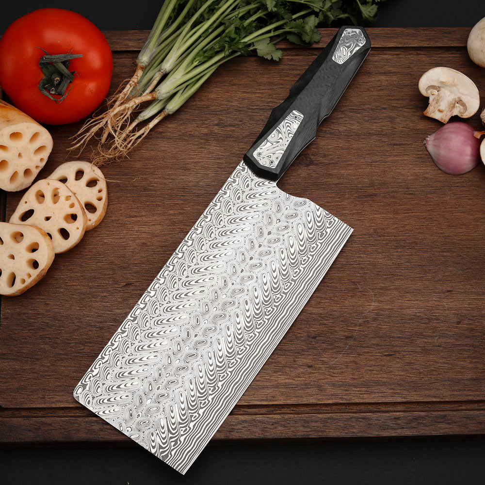 Custom Cleaver Knife, Powder Damascus Steel 188mm, Carbon Fiber