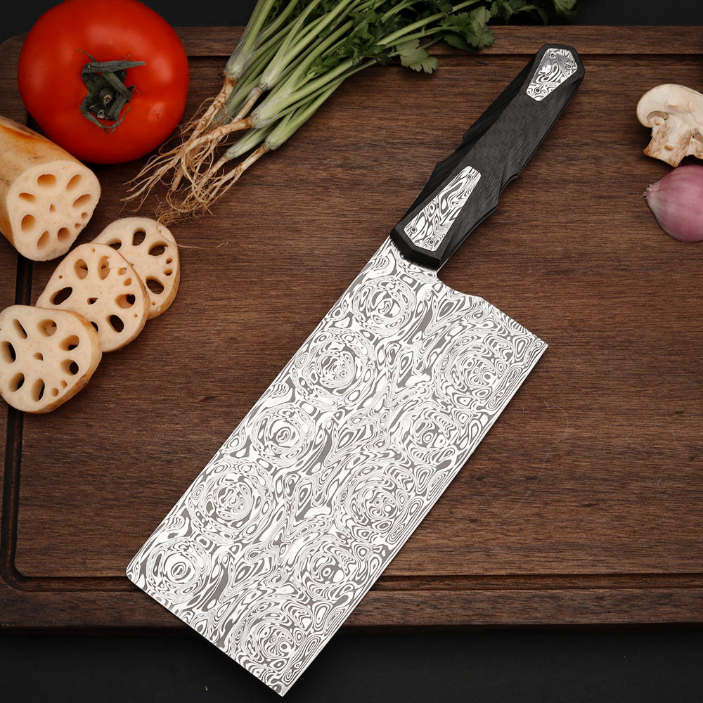 Custom Cleaver Knife, Powder Damascus Steel 188mm, Carbon Fiber