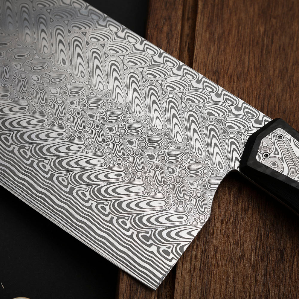 Custom Cleaver Knife, Powder Damascus Steel 188mm, Carbon Fiber