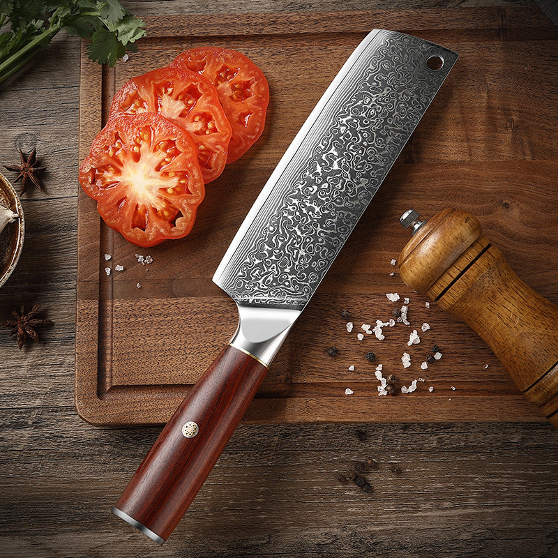 Japanese-style Nakiri Knife, SKD-11 Steel Core Damascus Steel, Sandalwood