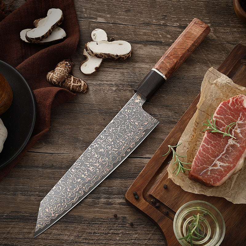 7.8-Inch Kiritsuke Knife, Copper Damascus Steel, Ebony Wood