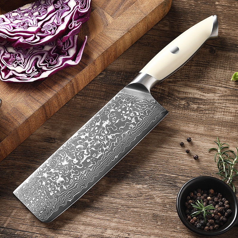 Creme White Series 7-Inch Nakiri Knife, High Carbon Damascus Steel, ABS