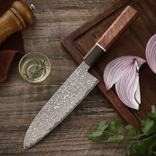 6.8-Inch Santoku Knife, Copper Damascus Steel, Ebony Wood