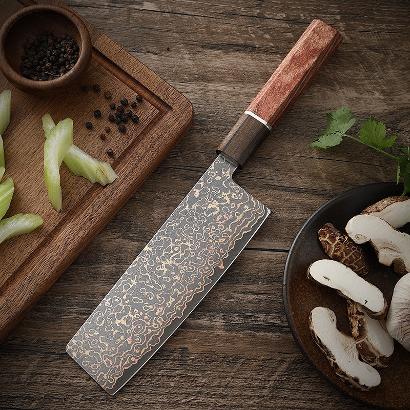 6.6-Inch Nakiri Knife, Copper Damascus Steel, Ebony Wood