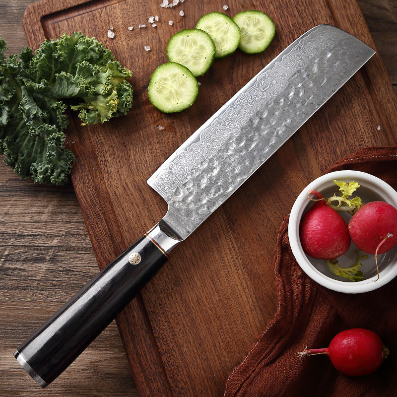 T Series 6.6-Inch Hammered Nakiri Knife, Damascus Steel, Wood