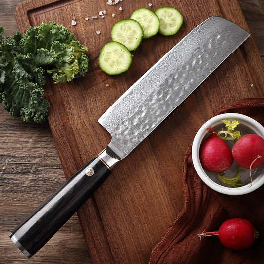 T Series 6.6-Inch Hammered Nakiri Knife, Damascus Steel, Wood