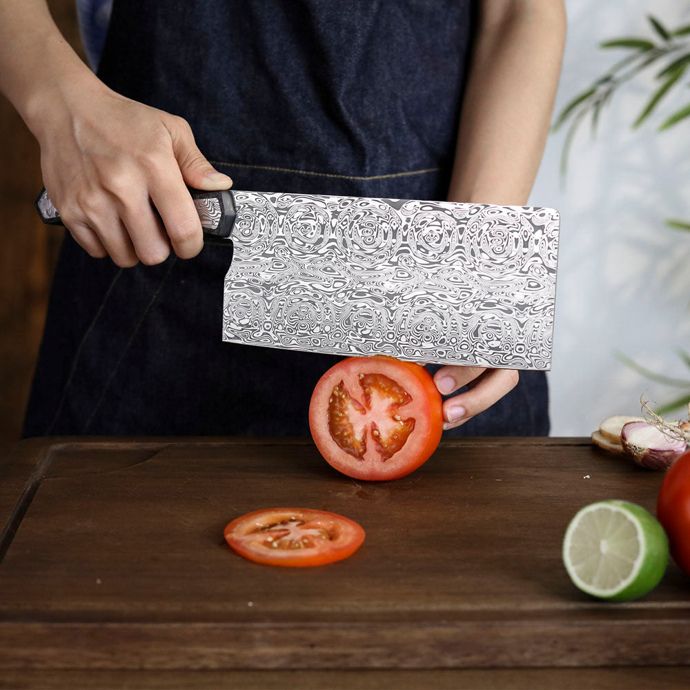 Custom Cleaver Knife, Powder Damascus Steel 188mm, Carbon Fiber