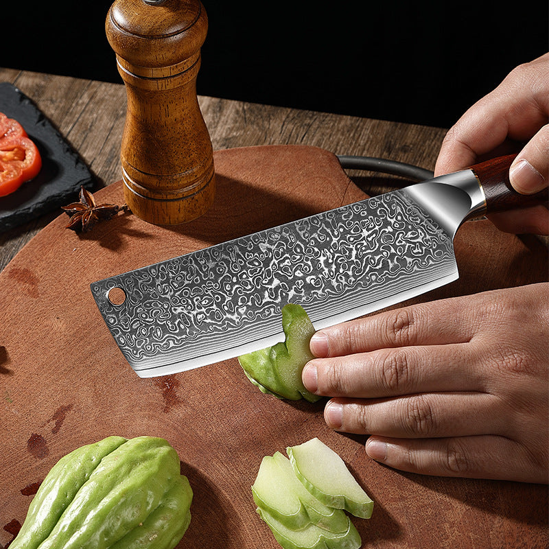 Japanese-style Nakiri Knife, SKD-11 Steel Core Damascus Steel, Sandalwood