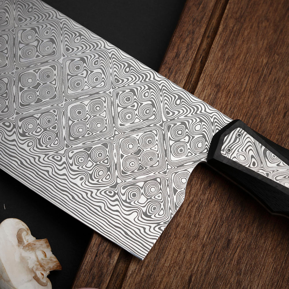 Custom Cleaver Knife, Powder Damascus Steel 188mm, Carbon Fiber