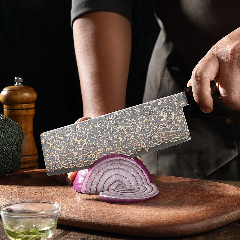 6.6-Inch Nakiri Knife, Copper Damascus Steel, Ebony Wood