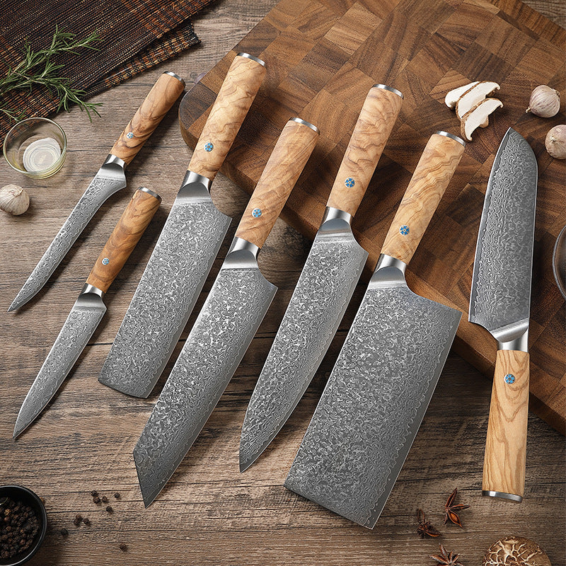 High Carbon Damascus Japanese Kitchen Knife Set, Olive Wood