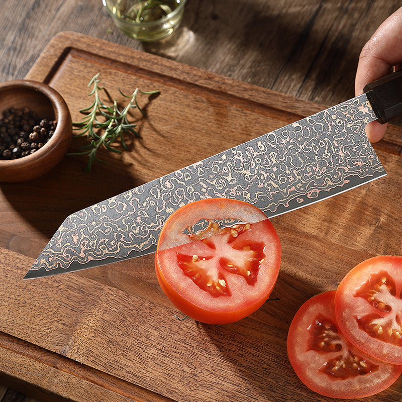 7.8-Inch Kiritsuke Knife, Copper Damascus Steel, Ebony Wood