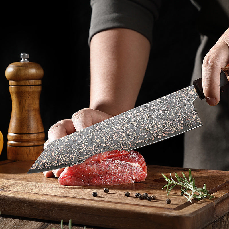 7.8-Inch Kiritsuke Knife, Copper Damascus Steel, Ebony Wood
