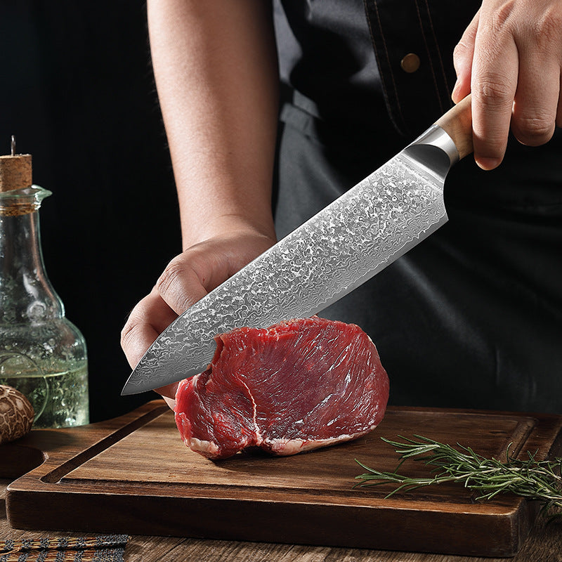 7.9-Inch Damascus Japanese Kitchen Chef Knife, Olive Wood