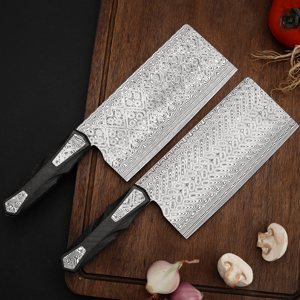 Custom Cleaver Knife, Powder Damascus Steel 188mm, Carbon Fiber