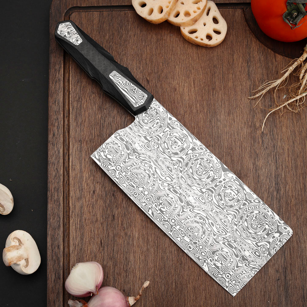 Custom Cleaver Knife, Powder Damascus Steel 188mm, Carbon Fiber