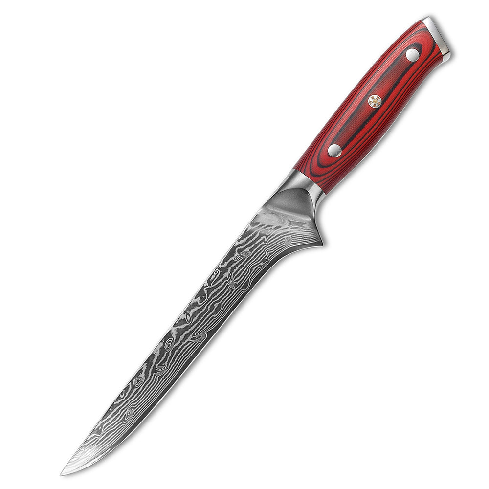 6-Inch Boning Knife, Damascus Steel, G10, Red