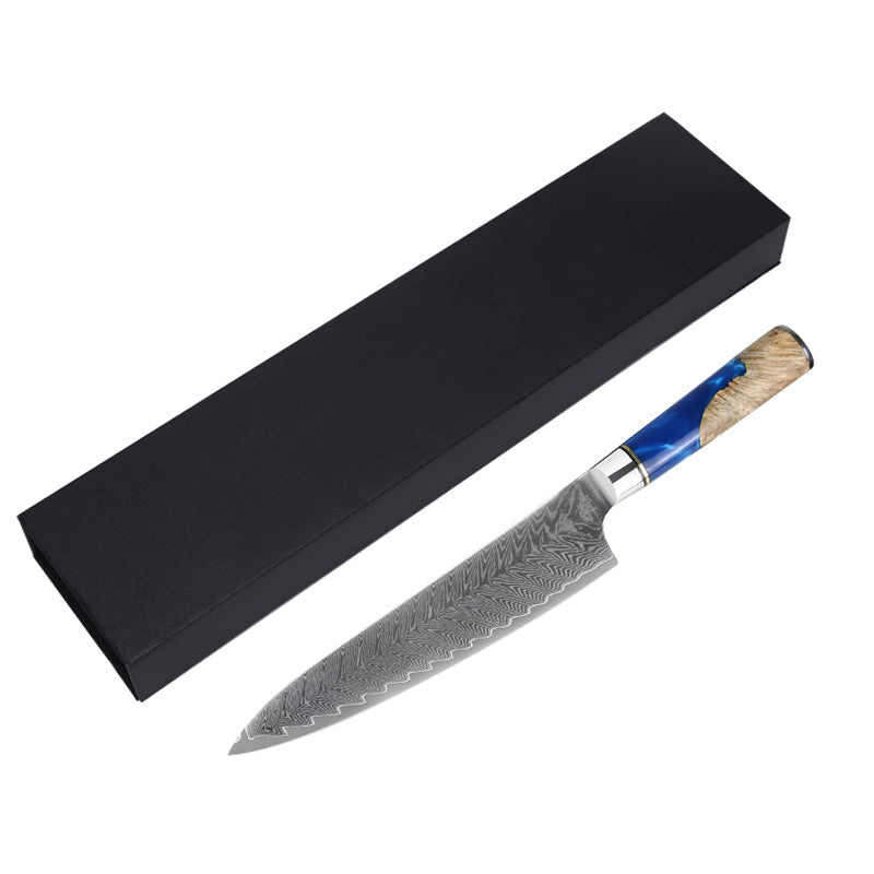 Couteau de chef en damas avec manche en résine bleue de 8 po