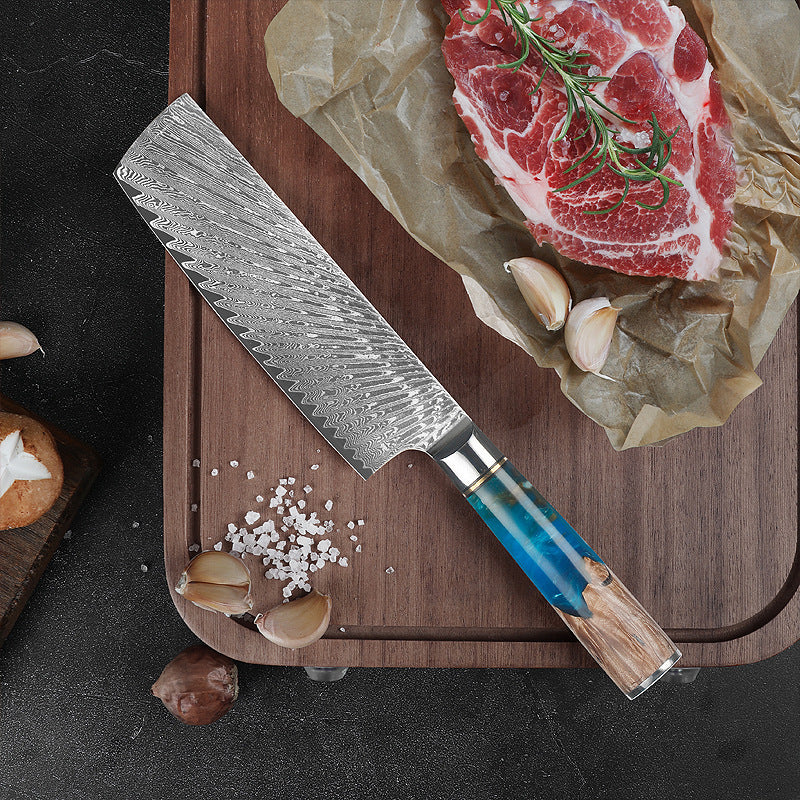 8-Inch Nakiri Knife, Damascus Steel, Resin