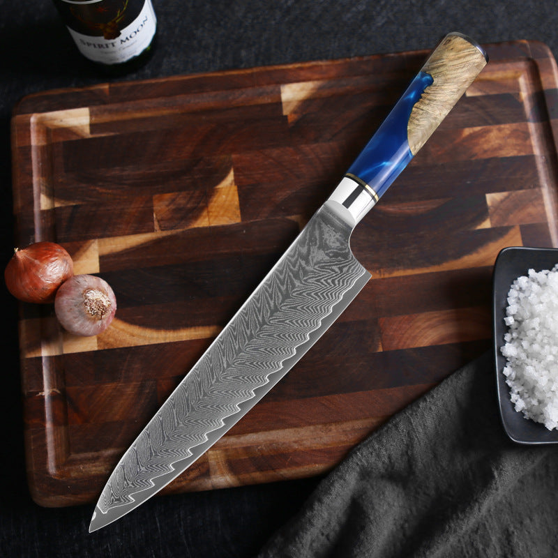 Couteau de chef en damas avec manche en résine bleue de 8 po