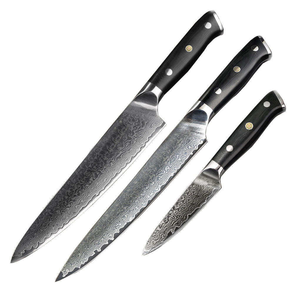 Juego de cuchillos de cocina de acero de Damasco de 3 piezas VG10
