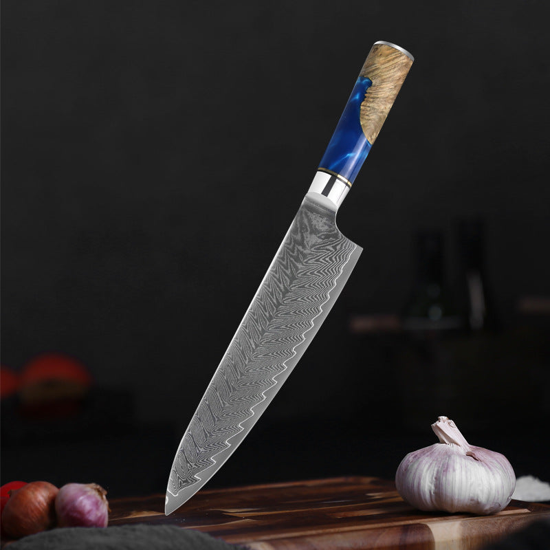 Couteau de chef en damas avec manche en résine bleue de 8 po