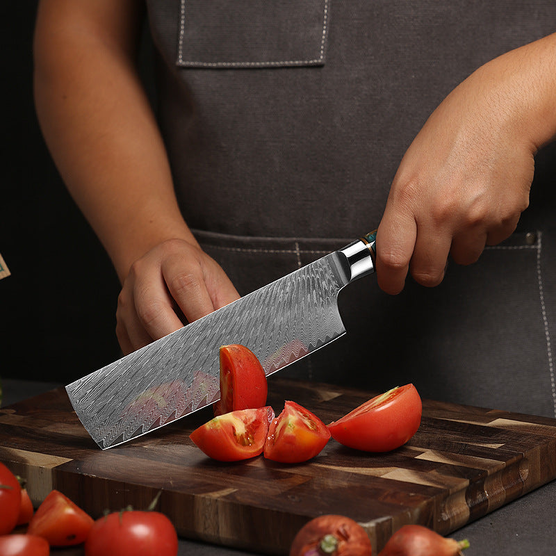 8-Inch Nakiri Knife, Damascus Steel, Resin