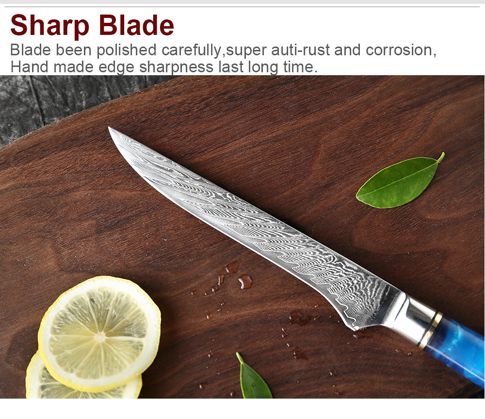 Cuchillo para deshuesar de cocina Damasco con mango de resina azul de 6 "
