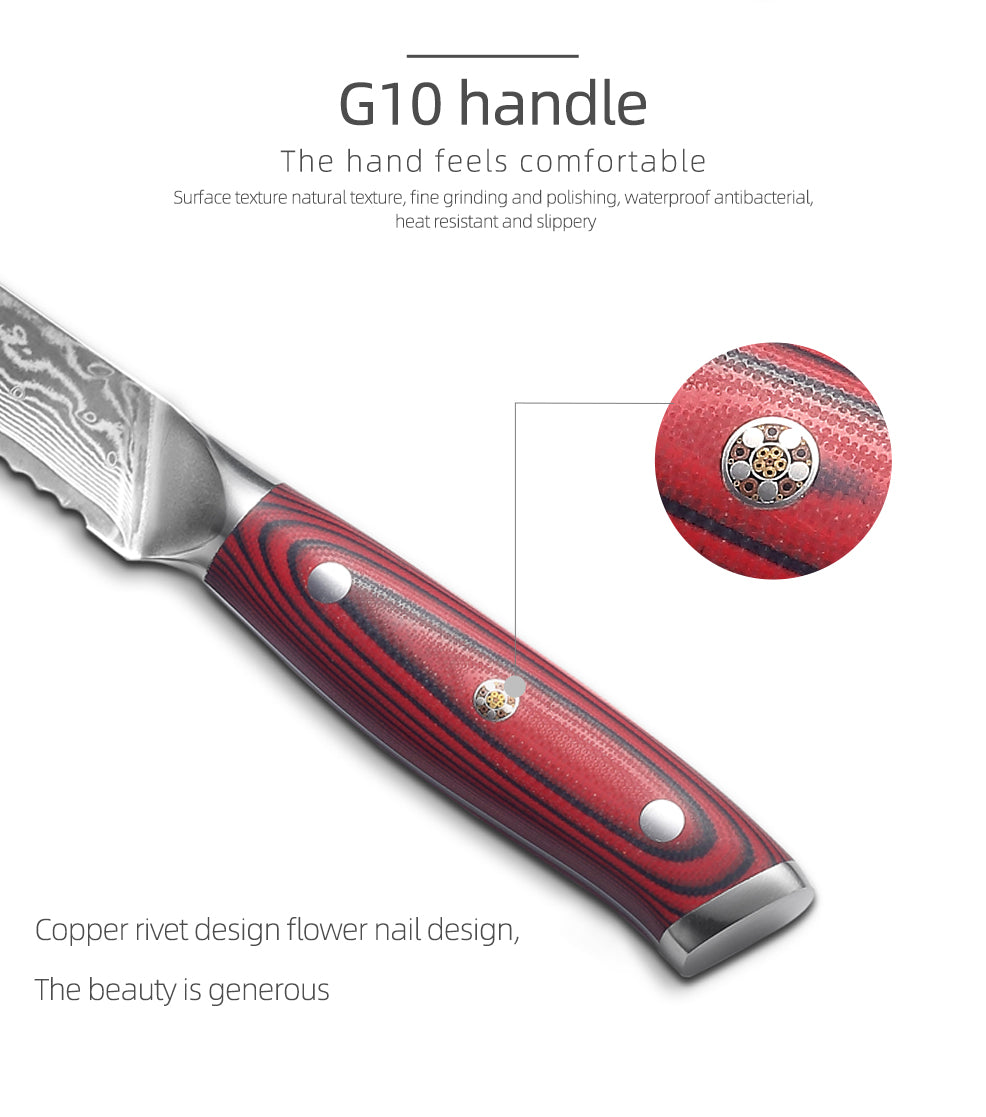 8.3-Inch Bread Knife, Damascus Steel, G10, Red