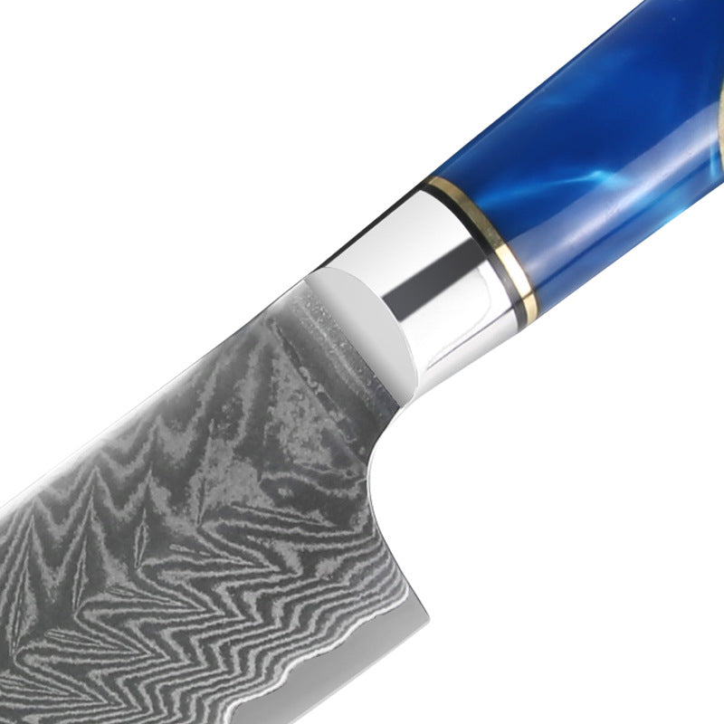 Couteau de chef en damas avec manche en résine bleue de 8 po