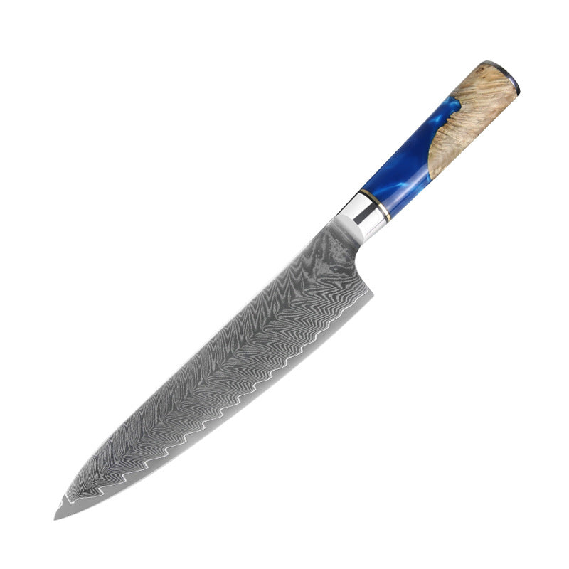 Couteau de chef en damas avec manche en résine bleue de 8 po