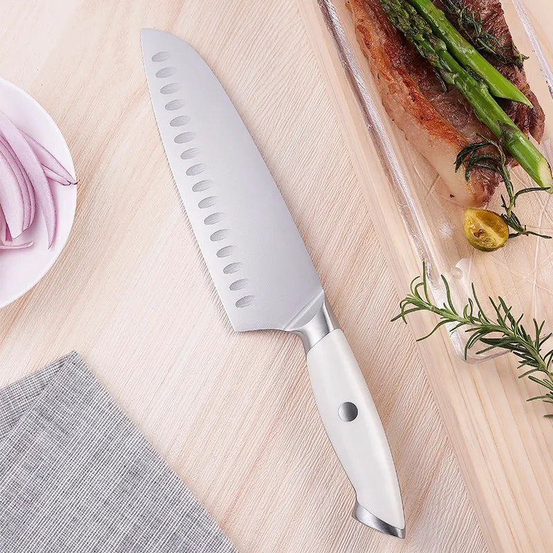 Creme White Series Santoku Knife, Hollow Edge, German 1.4116 Steel, ABS