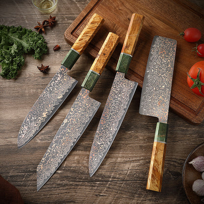 Copper Damascus Series Japanese Kitchen Knife, Stable Wood