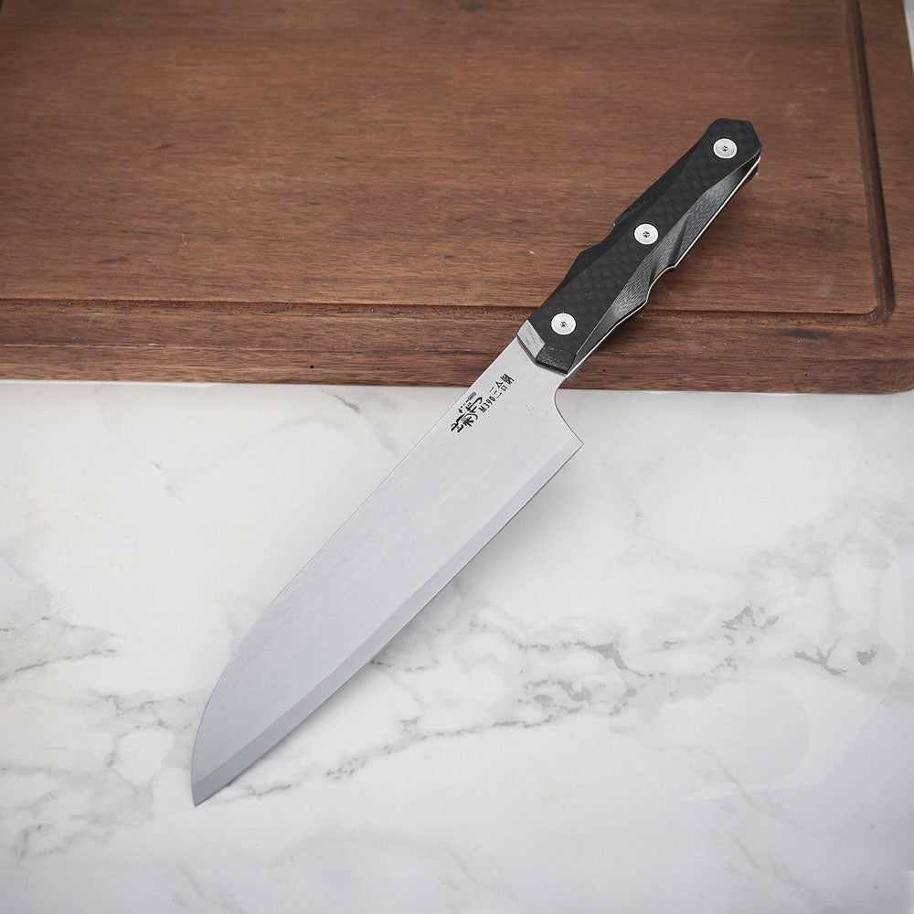 7 Inch Chef's Santoku Knife, M390 San Mai Steel, Carbon Fiber Handle