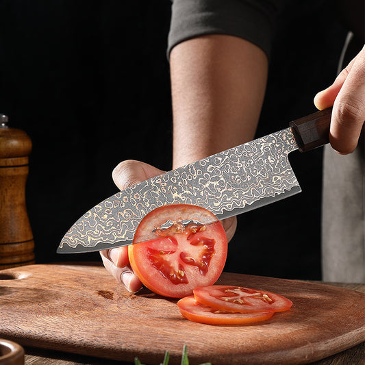 6.8-Inch Santoku Knife, Copper Damascus Steel, Ebony Wood, CDS111