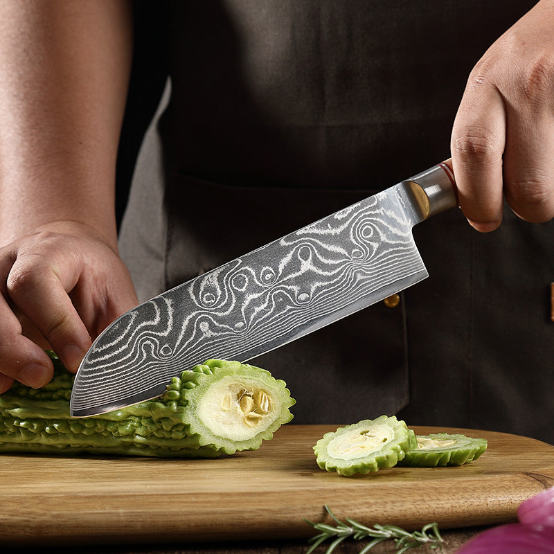 Blonde Series 7-Inch Santoku Knife, Damascus Steel, Wood