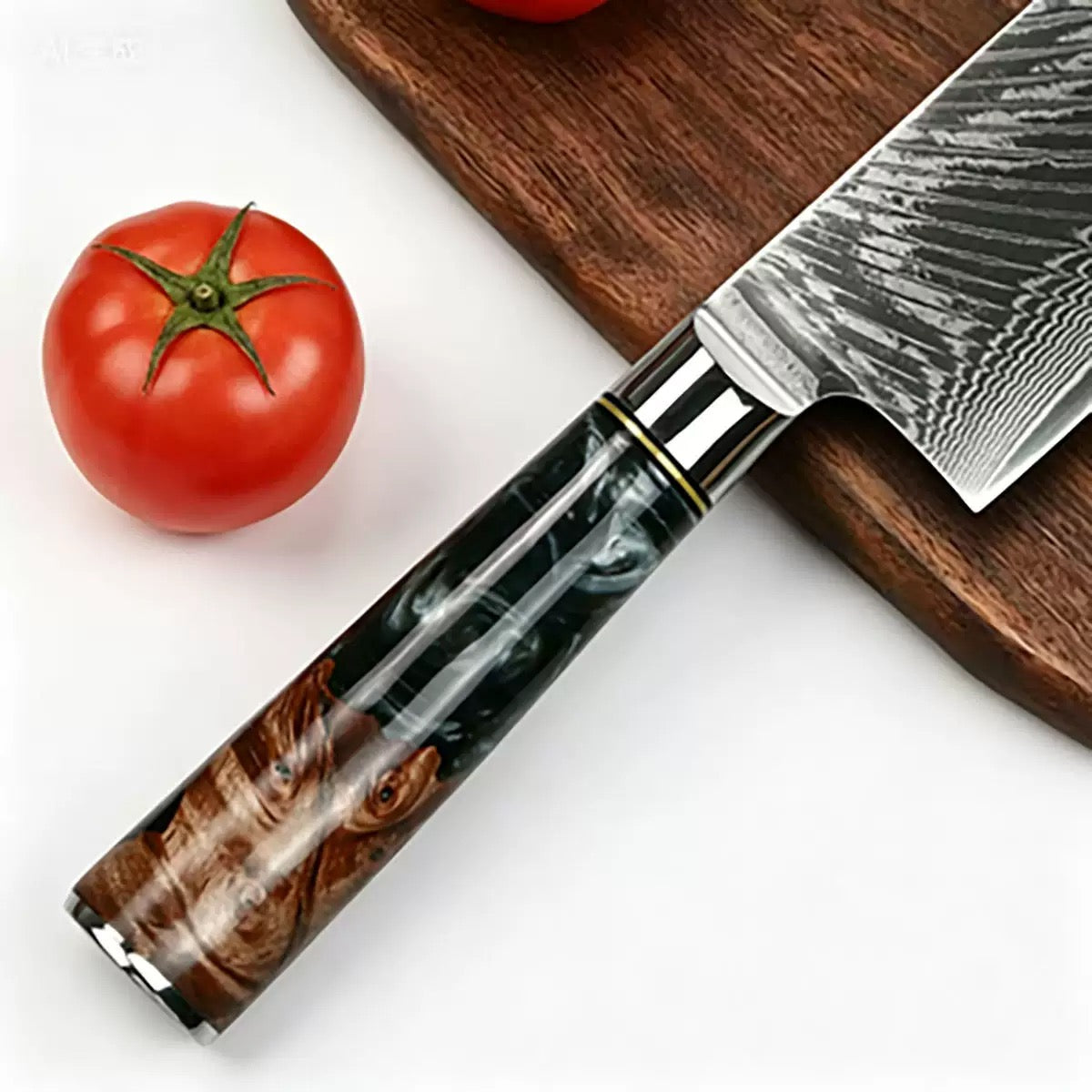 8-Inch Nakiri Knife, Damascus Steel, Resin