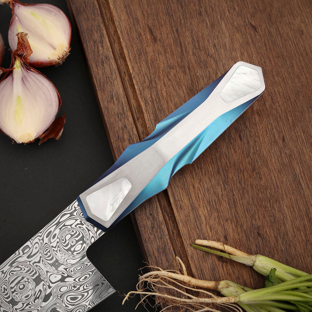 Custom 5-Inch Utility Knife, Damasteel Powder Steel, Titanium&Mother of Pearl