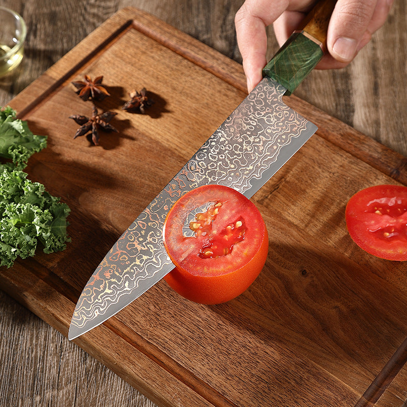 Copper Damascus Series Japanese Kitchen Knife, Stable Wood