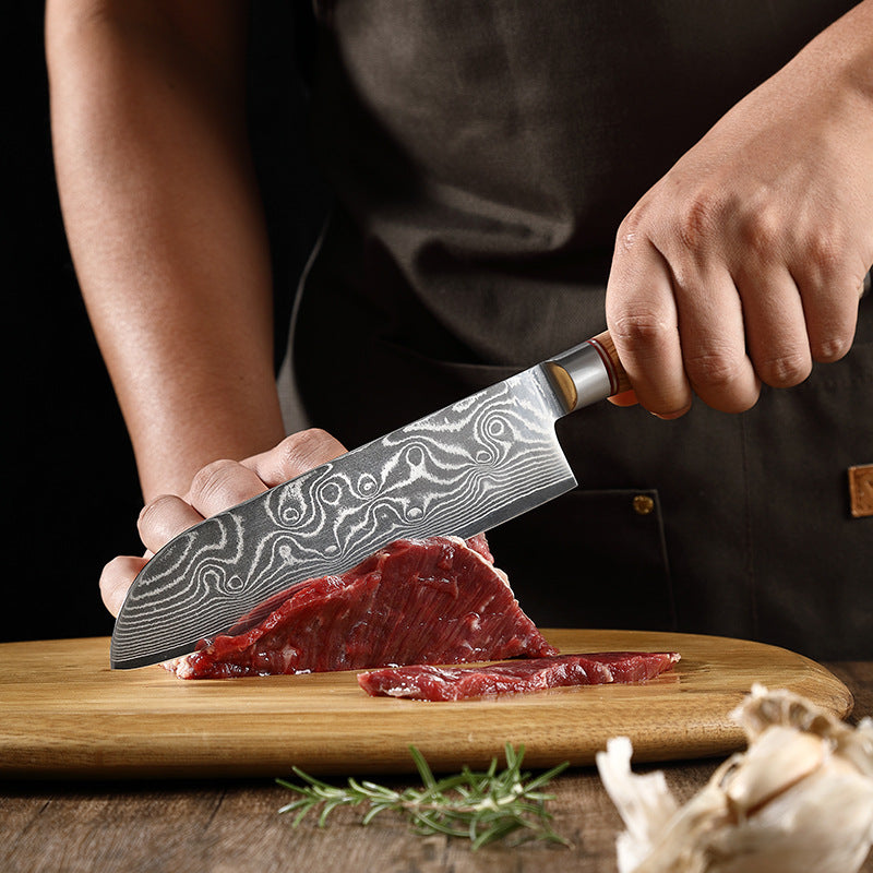 Blonde Series 7-Inch Santoku Knife, Damascus Steel, Wood