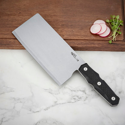 7 Inch Chinese Cleaver Knife, M390 Steel, Carbon Fiber Handle