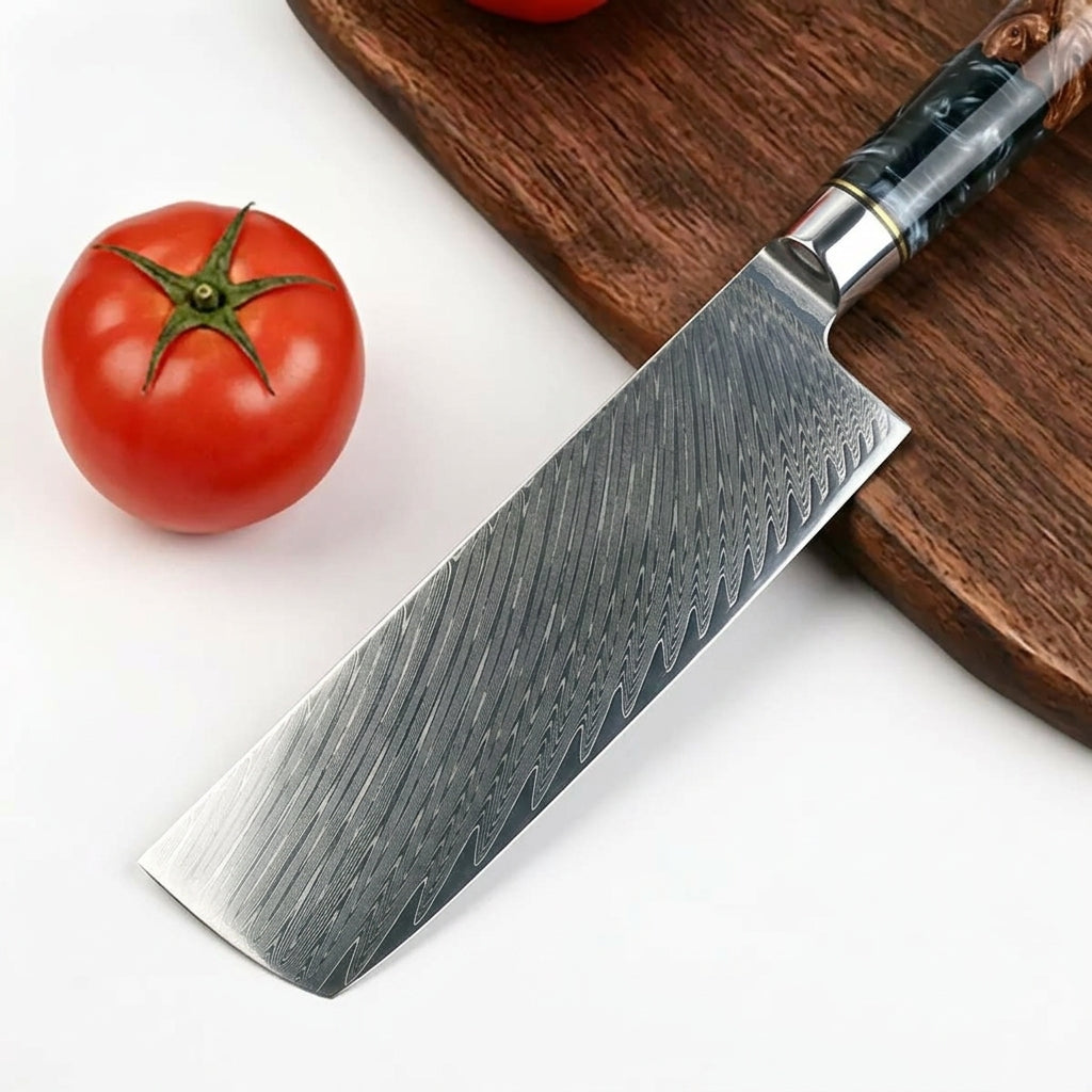 8-Inch Nakiri Knife, Damascus Steel, Resin
