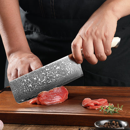 Creme White Series 7-Inch Nakiri Knife, High Carbon Damascus Steel, ABS