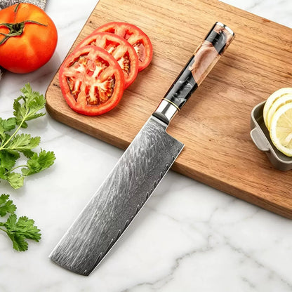 8-Inch Nakiri Knife, Damascus Steel, Resin