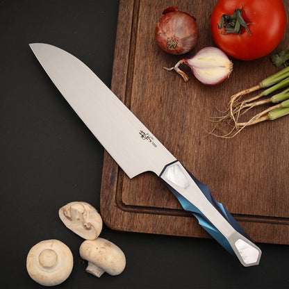 Custom Kitchen Santoku Knife, Vanax Superclean Steel, Titanium