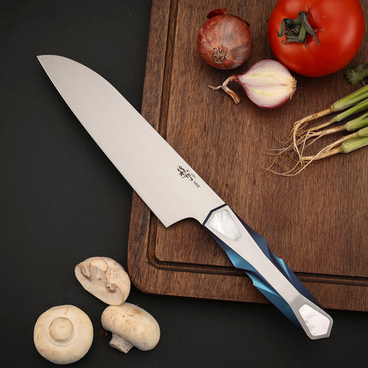 Custom Kitchen Santoku Knife, Vanax Superclean Steel, Titanium