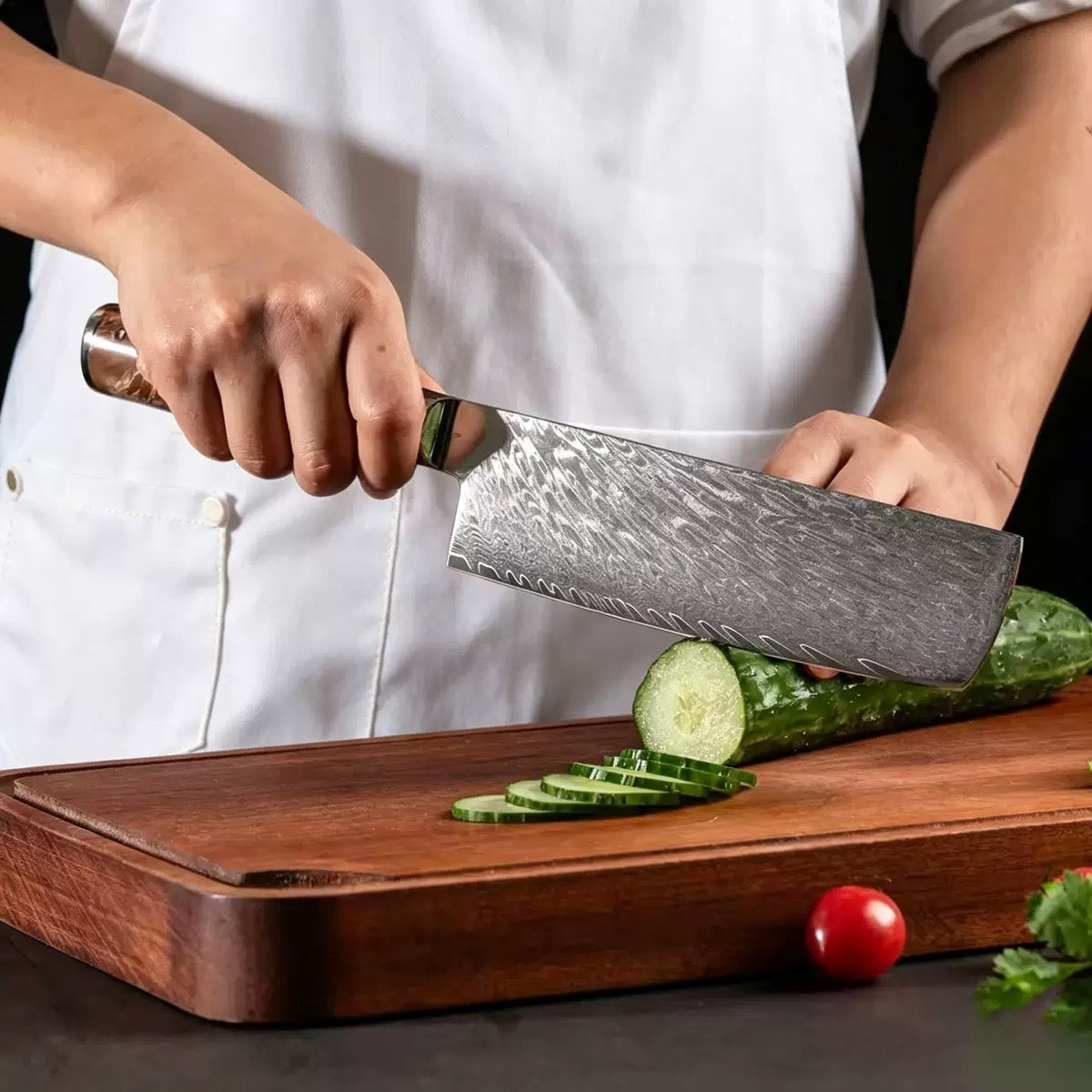 8-Inch Nakiri Knife, Damascus Steel, Resin