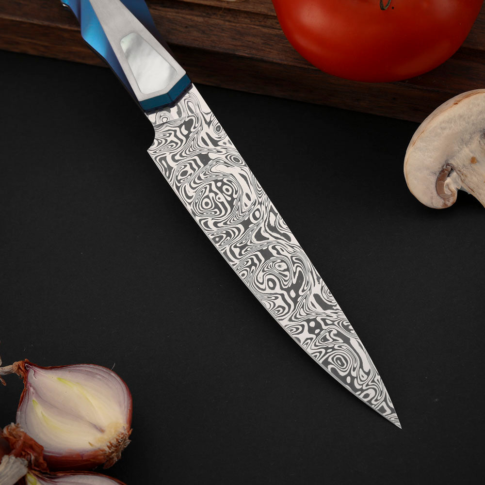 Custom 5-Inch Utility Knife, Damasteel Powder Steel, Titanium&Mother of Pearl